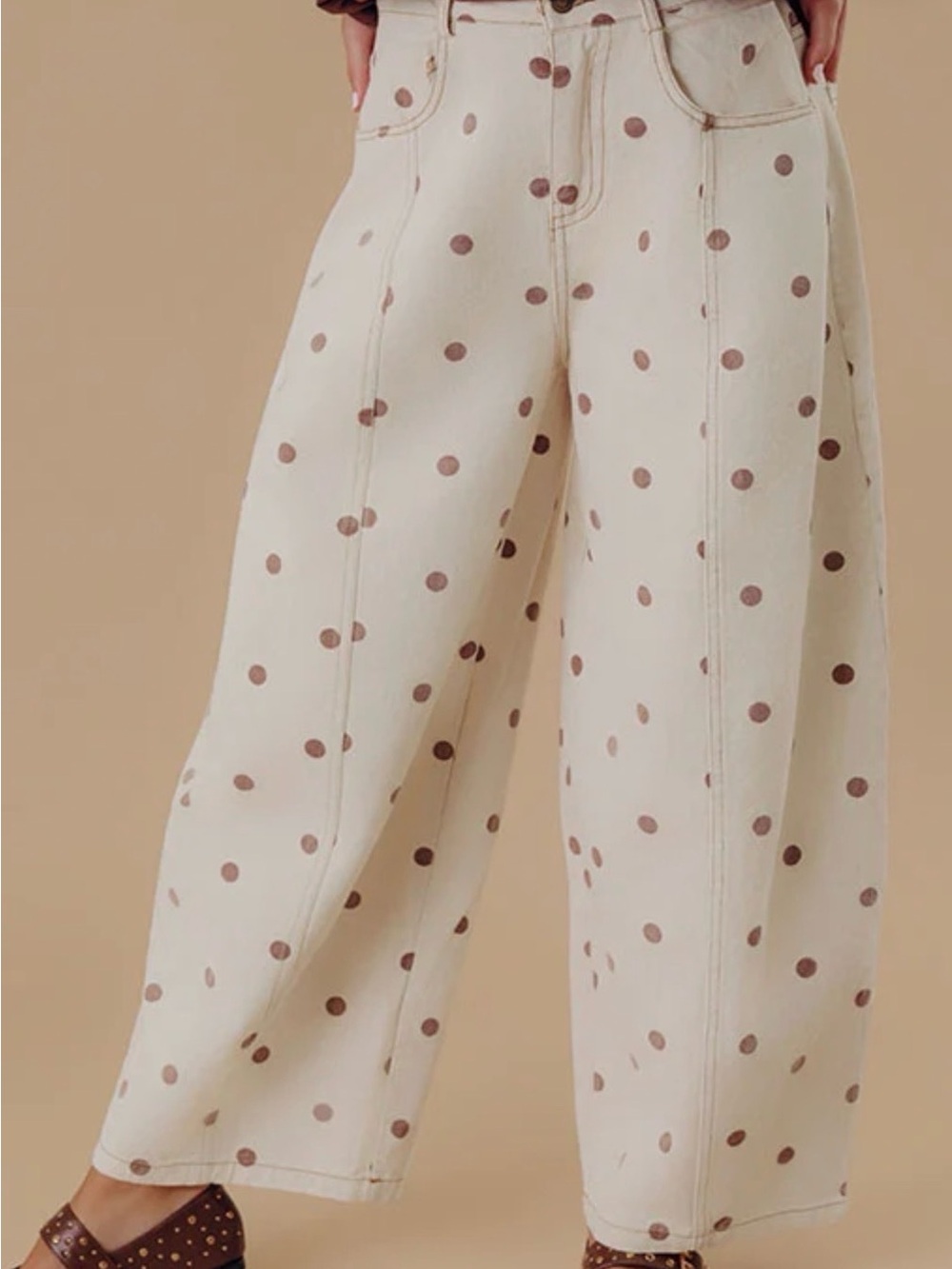 Cream Polka Dot Barrel Pants- Brown